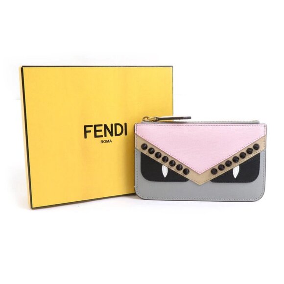 Auth FENDI Monster Coin Purse Case Pink/Gray/Off White Leather/Goldtone - Picture 2 of 10